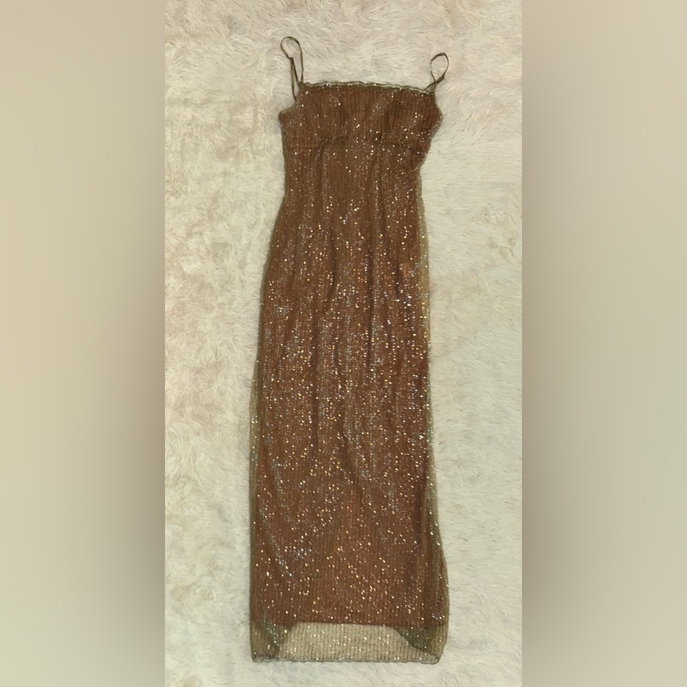 NWOT House of CB 'Alondra' Cafe Au Lait Beaded Maxi Dress sz L - Picture 9 of 14